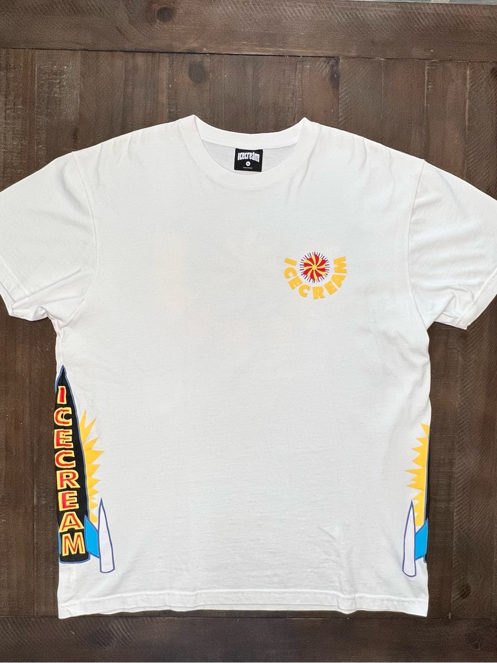 Icecream White Tee with Yellow & Red Sun Graphic and Blue Side Accents